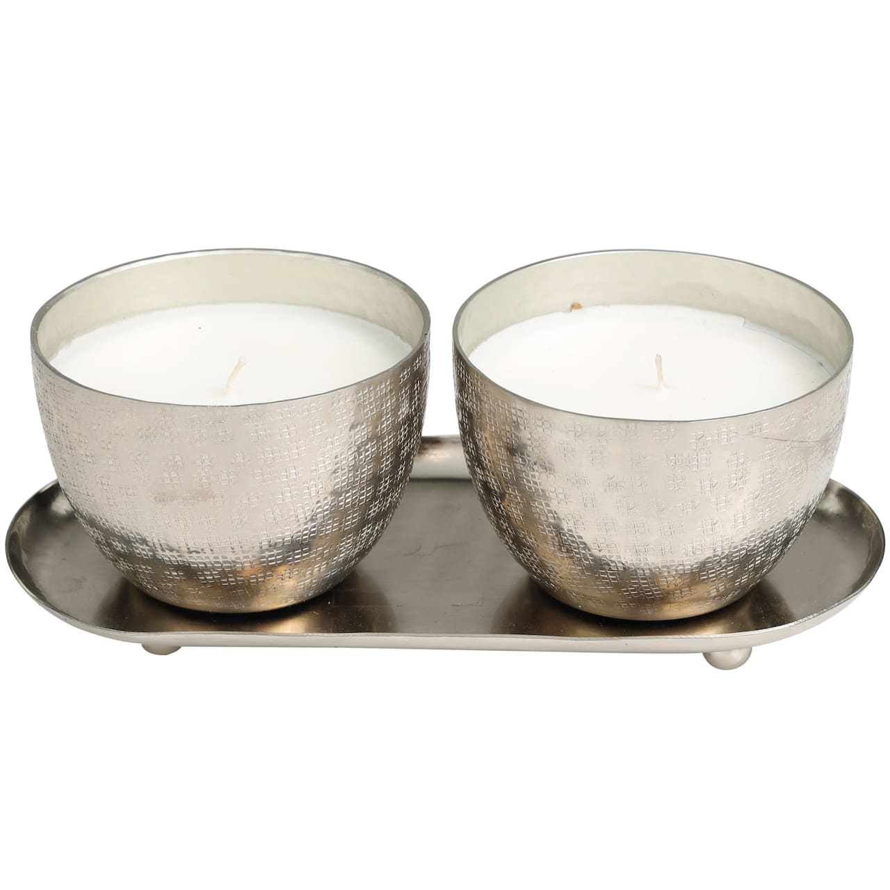 Campfire Scented Candles in Silver Grid Patterned Bowls Set